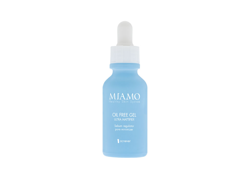 Miamo. Oil Free Gel Ultra Mattifier. Utilizzo: dopo aver deterso il viso, applicare 4-6 gocce di prodotto, mattina e sera. Prezzo consigliato: euro 39,00.