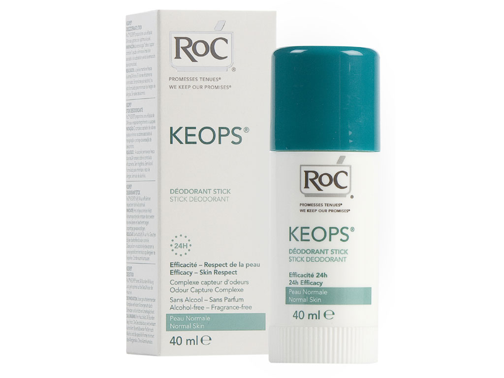 RoC®. Linea Deodoranti Keops®. Deodorante Stick 24H per pelli normali, non contiene alcool o profumazioni. Flacone da 40ml. Prezzo: euro 10,90.