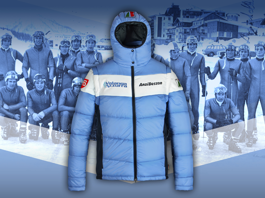 AnziBesson. Collezione Valanga Azzurra. In nylon hitex 20.000 colonna d’acqua e traspirabilità. Soft padding puffy effect. Klinger (100% poliestere strech w/pu film (membrana coating) 150 d * 150 d / 200 * 74 wr + membrane 15k/15k (colonna acqua e impermeabilità) wt:187 gm/m2). Prezzo: euro 399,00.