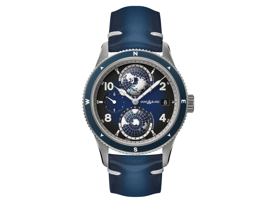 Montblanc Watches. Montblanc 1858 Geosphere. (Ident No. MB125565) Cassa in titanio di 42 mm con dettagli blu a contrasto e elementi color ghiaccio. Segnatempo dotato di una complicazione dell’ora universale di manifattura, sviluppata dagli orologiai Montblanc di Villeret: due globi bombati che ruotano in direzioni opposte compiendo un’evoluzione completa in 24 ore. Entrambi sono circondati da una scala con i 24 fusi orari, insieme a un’indicazione giorno/notte con colori a contrasto che consente di apprezzare al meglio i vari fusi orari, grazie anche alla SuperLumiNova® applicata ai continenti, che garantisce maggiore visibilità e migliori prestazioni al buio. Il segnatempo è completato da un cinturino in pelle di vitello blu Sfumato con impunture bianche. Prezzo: euro 5.800,00.