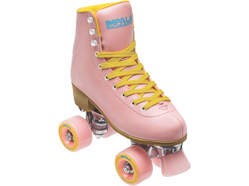 Impala Skate. Rollerskate Rosa. Tomaia, tallone e suola in PVC. La scarpa è dotata di occhielli in metallo. Le ruote sono in uretano con nucleo da 58 mm. Cuscinetti ABEC7. Prodotto vegano approvato da PETA. Prezzo: euro 99,95.