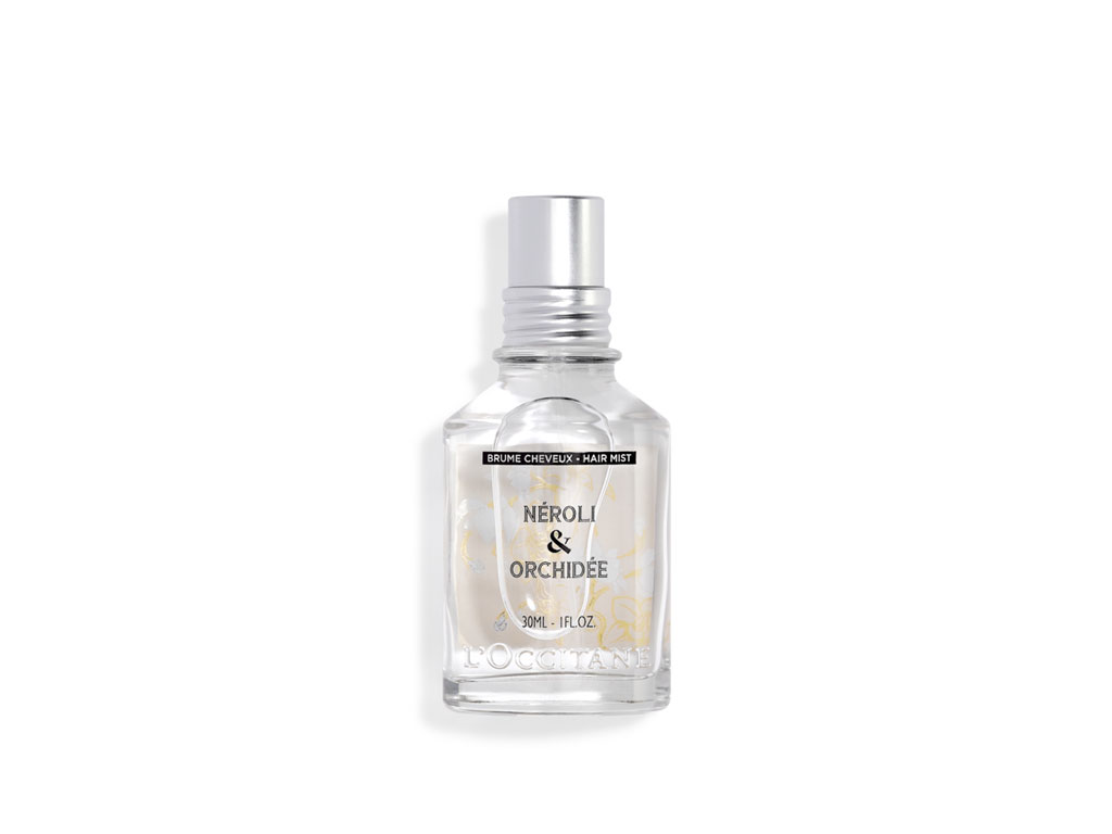 L’Occitane en Provence. Brume per capelli - Néroli & Orchidée. Note olfattive. Testa: Mandarino e Arancia. Cuore: Latte di fico, Mughetto e Néroli, Pesca. Fondo: Iris, Muschio e Orchidea. Confezione da 30ml. Prezzo: euro 29,00.