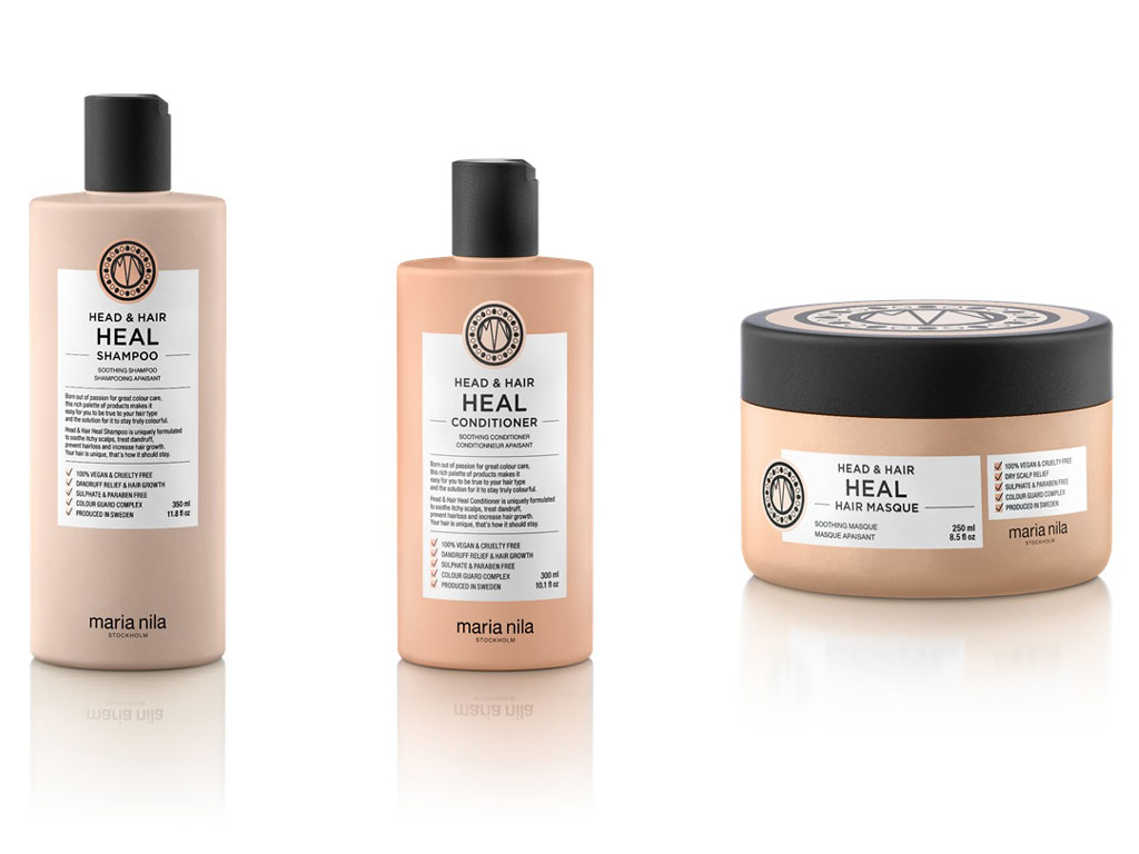 Maria Nila. Head & Hair Heal Shampoo. Shampoo lenitivo con un ricco pool di attivi che stimolano la crescita dei capelli. Previene la forfora e stimola la crescita dei capelli. Ideale per lavaggi frequenti. Prezzo: euro 28,00 - 350 ml e euro 12,00 - 100 ml. True Soft Conditioner. Trattamento districante che applicato e massaggiato sul cuoio capelluto, lenisce le irritazioni che causano la forfora e stimola la crescita dei capelli. Prezzo: euro 28,00 - 300 ml e euro 12,00 - 100 ml. Head & Hair Heal Masque. Trattamento intensivo per lenire e calmare il cuoio capelluto. Prezzo: euro 31,00 - 250 ml.