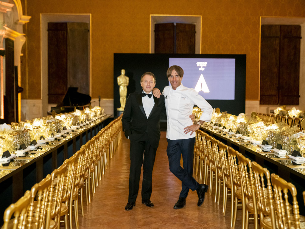 Martino Crespi e lo chef Davide Oldani a Palazzo Barberini a Roma in occasione dell'unico evento organizzato dall'Academy degli Oscar in Italia in onore dei 70 giurati italiani nominati.