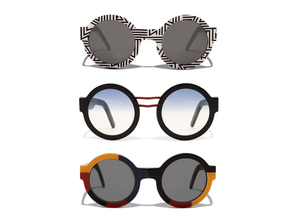 Brera Eyewear Collection by Alessandro Mendini. Dall’alto verso il basso i modelli Zebra, Bridge e Bau. Prezzo: su richiesta.
