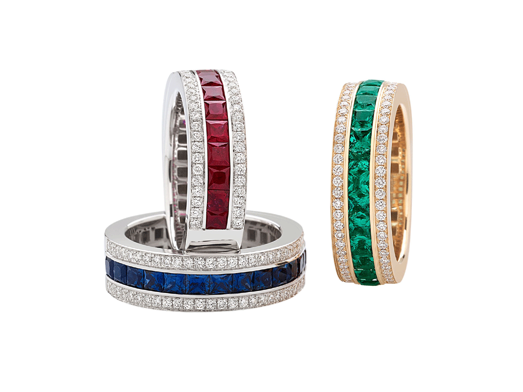 Giorgio Visconti. Collezione The Sound of Love, Rainbow. Anelli a binario in oro bianco o rosa con diamanti e parte centrale incassata con pietre di colore (rubini, smeraldi e zaffiri) taglio princess. Prezzo: su richiesta.