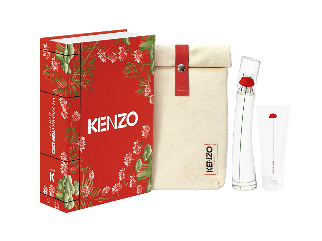 Kenzo. Cofanetto Flower by Kenzo. All’interno Flower by Kenzo Eau de Parfum da 50ml, Body Lotion da 75ml e trousse in cotone riciclato. Prezzo indicativo: euro 89,00.