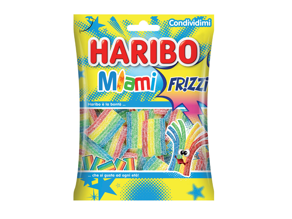 Haribo. Miami Fr!zzi. Caramelle arcobaleno gommose con copertura frizzante di zucchero. Gusto frutta. Disponibile in buste da 90gr. (euro 1,10) e 175gr. (euro 1,40).