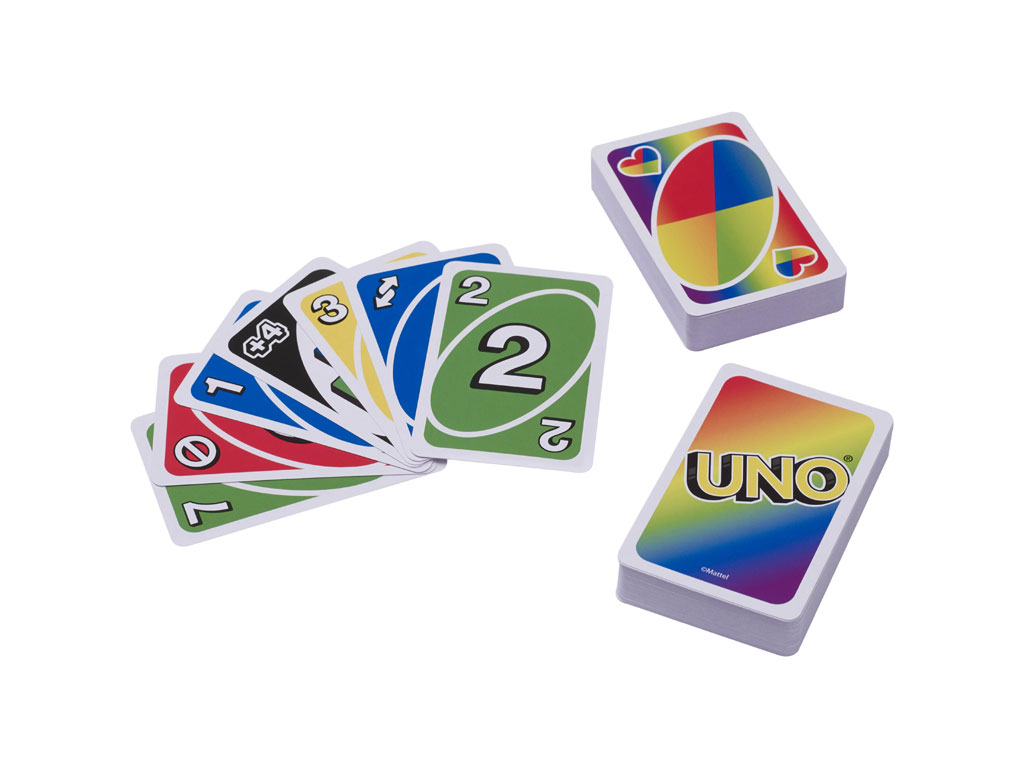Mattel. UNO Pride. Speciale mazzo di carte dalla grafica rivisitata e dai colori brillanti nato dalla partnership con It Gets Better Project alla quale Mattel ha donato 50000$. Prezzo: 5,99$.