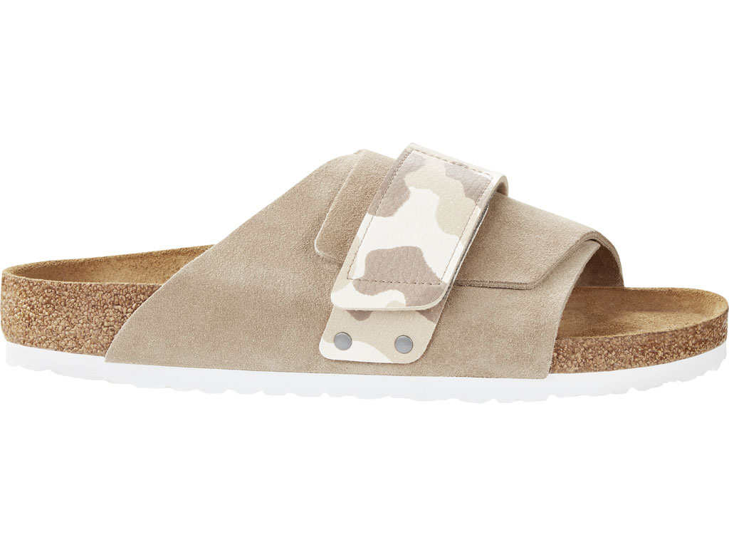 Birkenstock. Sandalo Kyoto in suède con fascia a strappo in pelle stampa camouflage, plantare ergonomico in sughero e suola in EVA. Prezzo: euro 110,00.