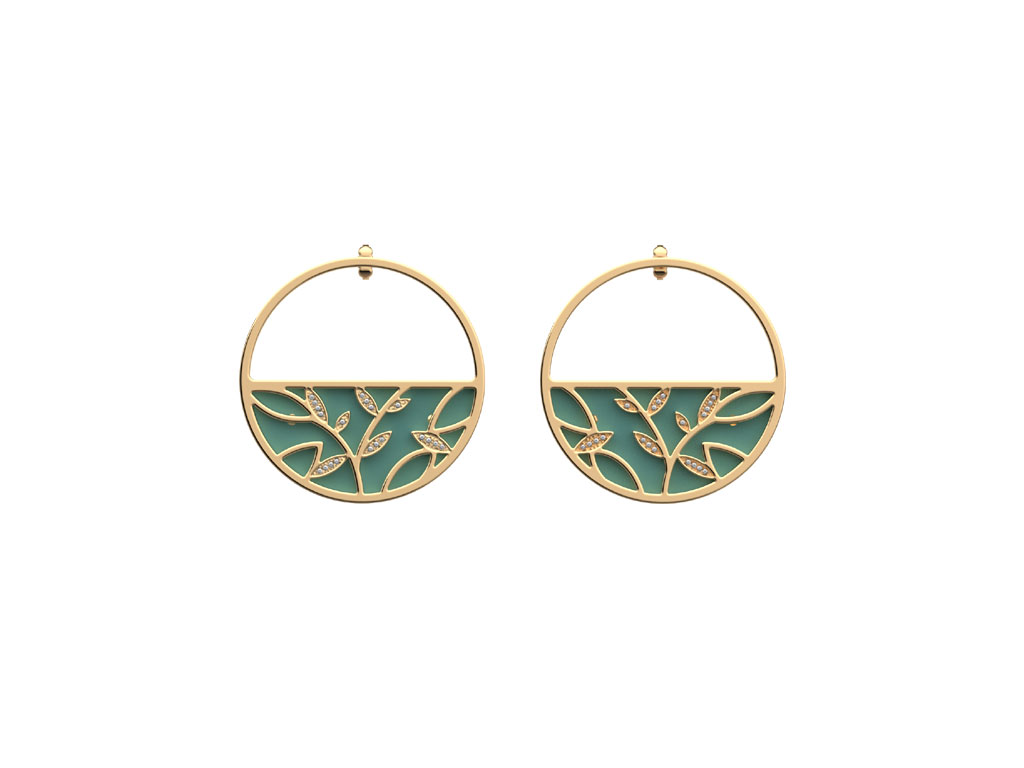 Les Georgettes by Altesse. Collezione Arbre de Vie. Orecchini 43 mm (gioiello con inserto in similpelle). Finiture: oro giallo, oro rosa, argento. Prezzo: euro 99,00.