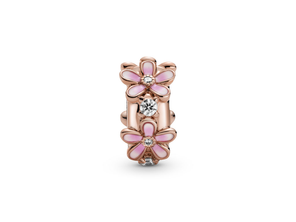 Pandora. Clip Margherita rosa. La clip è realizzata in metallo placcato oro rosa. Prezzo: euro 49,00.