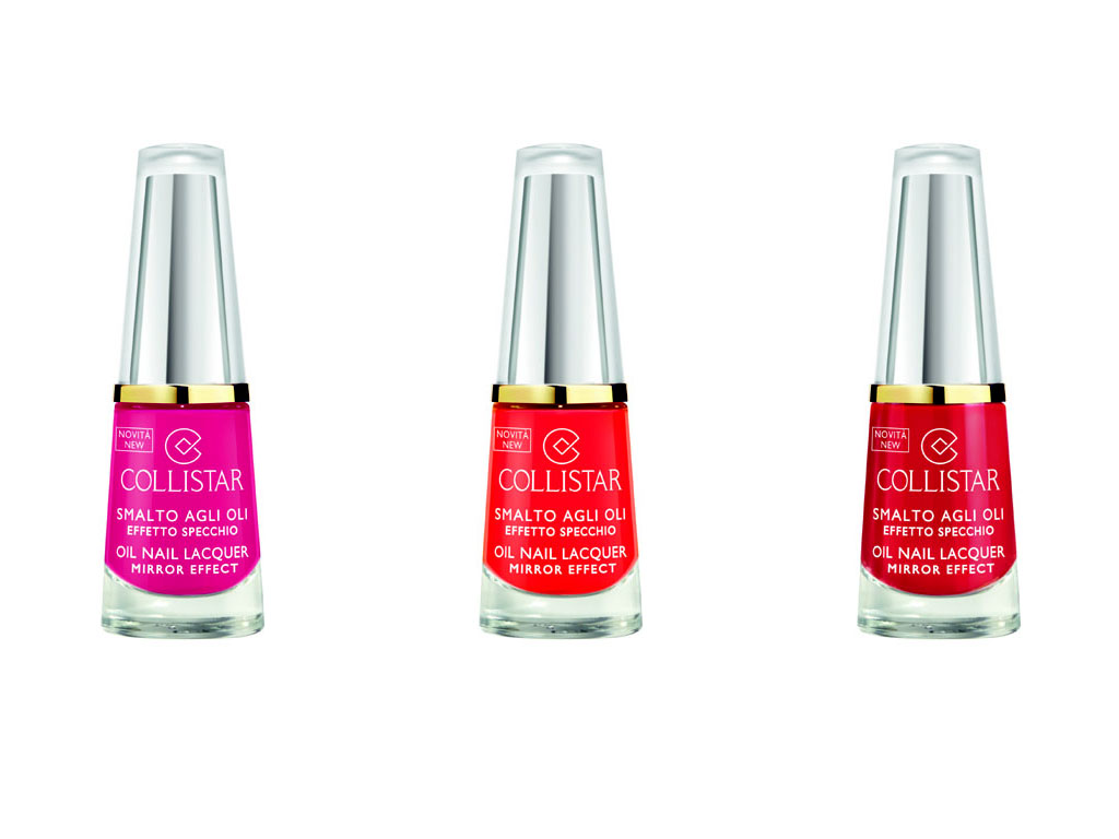 Collistar. Linea “Trucco Unghie”. Smalto agli Olî effetto specchio. Tonalità: trasparenti, bianco latte, gamma dei rosa e dei rossi, nero, argento e oro puro. Confezione: 6 ml. Prezzo: euro 7,50.
