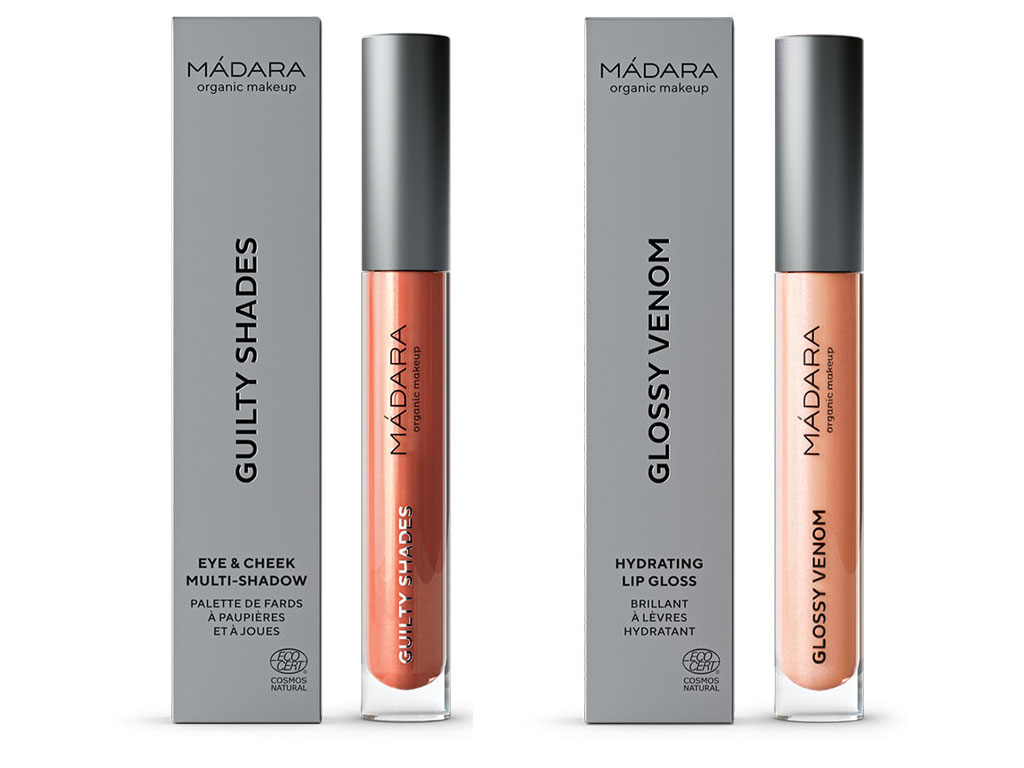 Mádara Organic Skincare. A sinistra l’ombretto Guilty Shades Eye & Cheek Multi-Shadow – colore Heat 64. Confezione da 4ml. Prezzo: euro 24,00. A destra il lip gloss idratante Glossy Venon – colore Nude Coral 64. Confezione da 4ml. Prezzo: euro 22,00. (Distribuito in Italia da Giada Distributions).