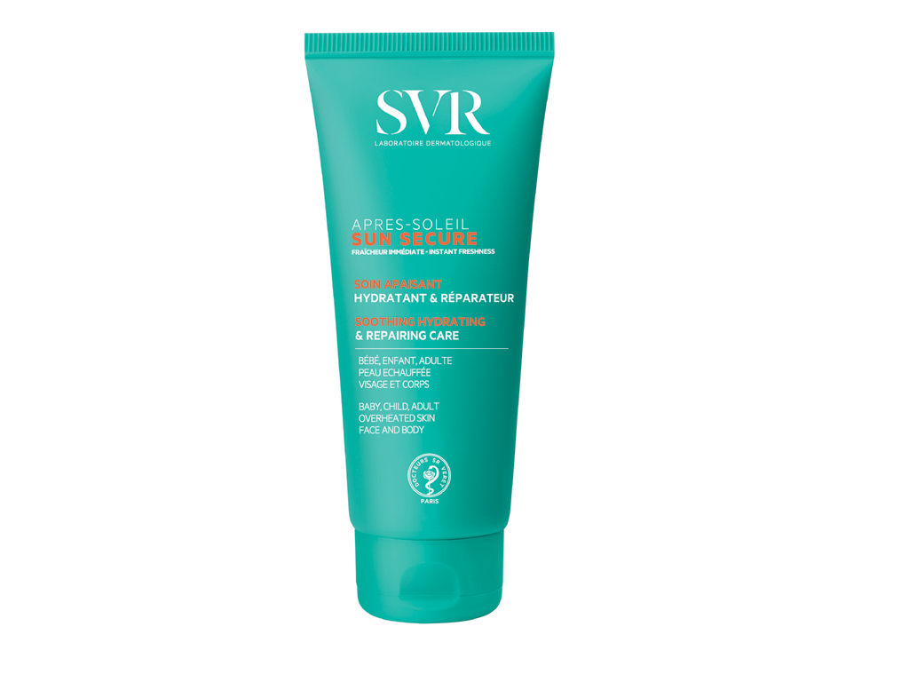 SVR Laboratoire Dermatologique. Sun Secure. Apres-soleil. Latte doposole, viso e corpo, per una idratazione di lunga durata. Dona sollievo dalla sensazione di bruciore. Formato tubo: 200ml. Prezzo: euro 17,50.