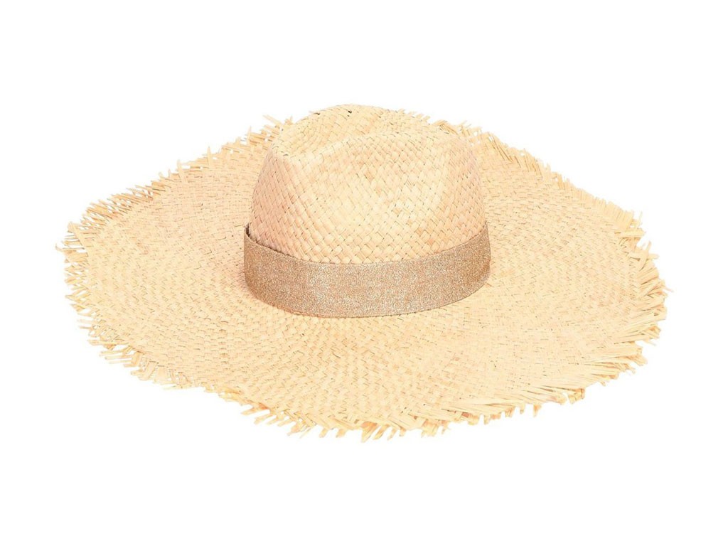 Oseree. Cappello in paglia intrecciata “Saint Tropez”con maxi fascia sulla tesa larga e bordi sfrangiati.