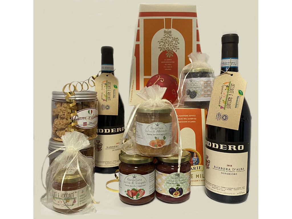 Fondazione Tavecchio. Prodotti Natalizi. Bottiglia di Barbera Superiore d’Alba DOC delle Cantine Oddero, Panettone Milanese Tre Marie e Pandoro tradizionale Tre Marie, Miele millefiori “Accolti e Raccolti”, Confettura extra disponibile in diversi gusti, Lamordidolce: Brutto e Buono e Baci di dama.