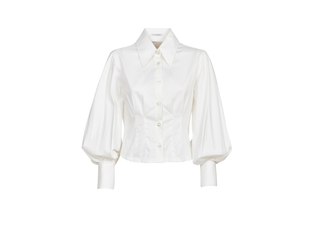 Nara Camicie. Camicia corta in cotone con maniche a sbuffo, cuciture evidenziate in vita e bottoni madreperlati.