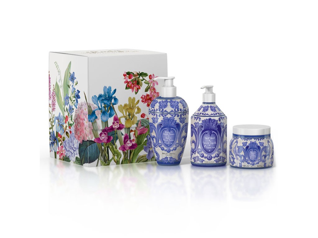 Rudy Profumi. “Firenze” - Kit Body Care - Collezione Maioliche. La scatola Art Edition contiene: Bagno & Doccia Crema 700ml; Crema Corpo 450ml; Sapone liquido 500ml.