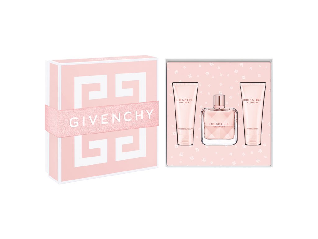 Givenchy. Cofanetto Irresistible Routine Completa. Contiene: Eau de Parfum (80ml), Body Lotion (75ml) e Shower Oil (75ml). Prezzo consigliato: euro 114,00.