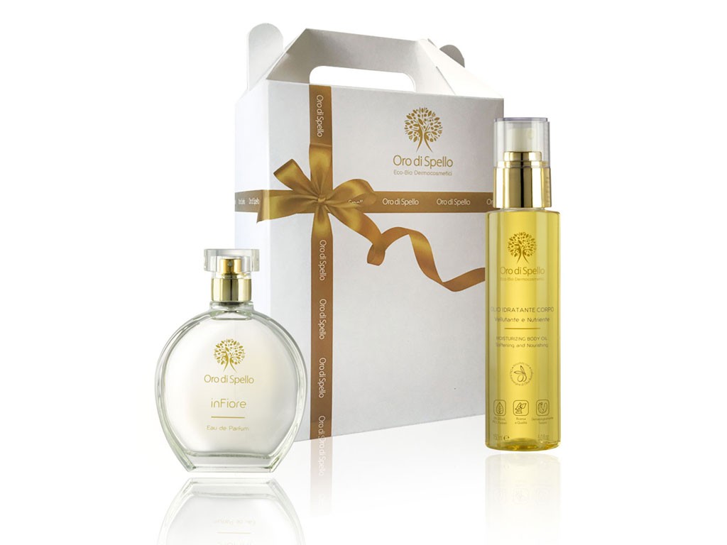 Oro di Spello. Cofanetto Lo Scrigno. Olio idratante per il corpo, con sei diversi olî biologici, delicatamente profumato. Profumo inFiore da 10ml dalla fragranza delicata e avvolgente. Prezzo: euro 57,00.