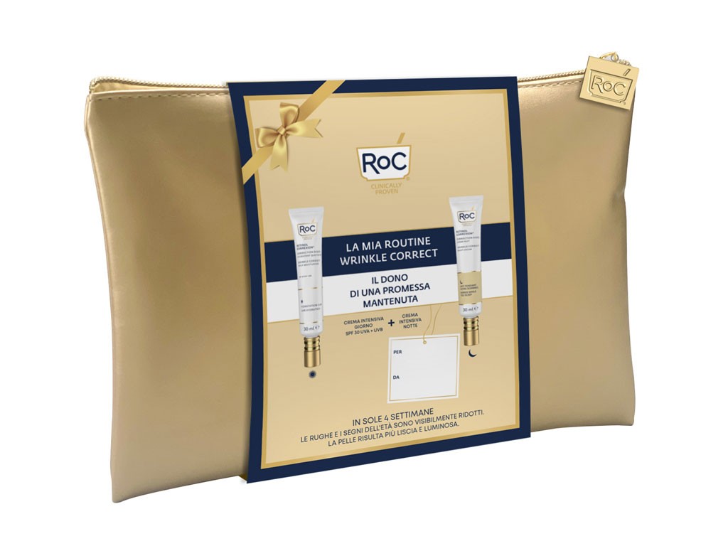 RoC Skincare. Kit Wrinkle Correct. Contiene: Deep Wrinkles Daily Moisturizer SPF30 Retinol Correxion® 30 ml e Deep Wrinkle Night Cream Retinol Correxion® 30 ml. (Distribuito in Italia da Luxury Lab Cosmetics). Prezzo consigliato al pubblico: euro 59.90.