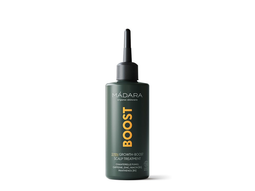 Màdara Cosmetics. 3-Min Growth-Boost. Stimola ed energizza il cuoio capelluto, riduce la perdita dei capelli e controlla la produzione di sebo e aumenta il volume alle radici. Confezione da 100ml. Prezzo: euro 28,50.