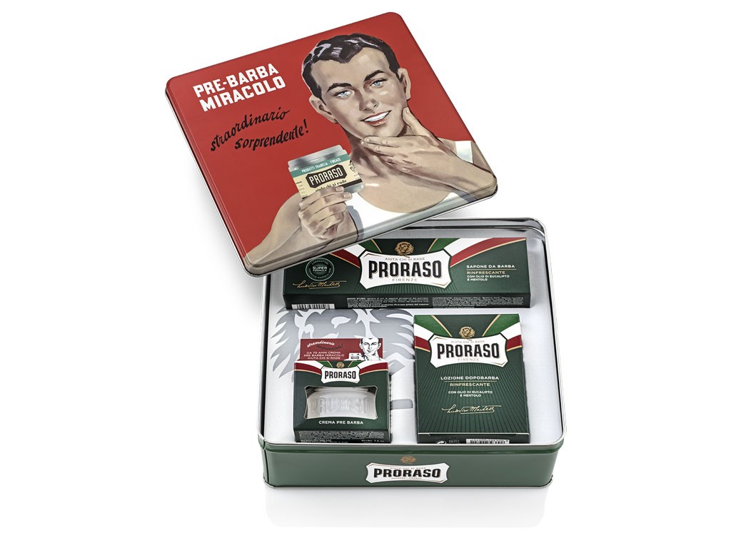 Proraso. Metal kit vintage Gino. Contiene: sapone da barba rinfrescante con olio di eucalipto e mentolo, lozione dopobarba rinfrescante con olio di eucalipto e mentolo e crema pre barba. Prezzo: euro 28,00.