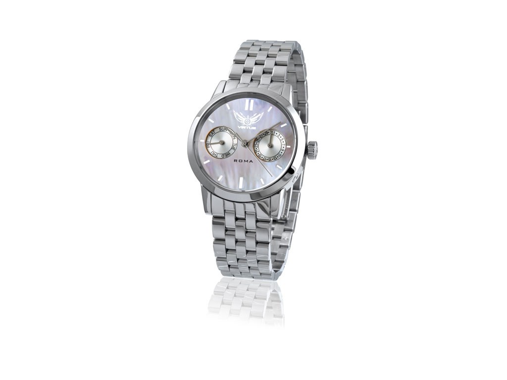 Virtus Watches. Élégance Lady White. Orologio con cassa in acciaio inossidabile, display a tre lancette, day-date, quadrante in madreperla. Cinturino in vera pelle o bracciale in acciaio inossidabile. Movimento al quarzo. Prezzo: euro 400.00.