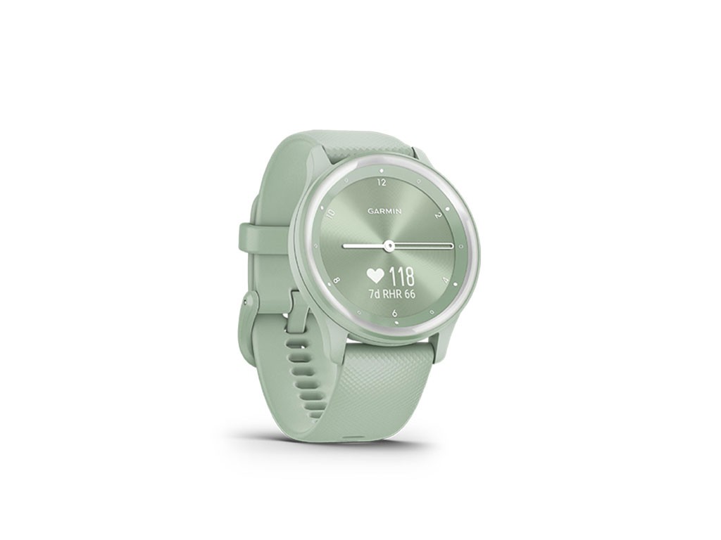 Garmin. vívomove® Sport. Tecnologia Body Battery™. Durata della batteria: fino a cinque giorni nella modalità smartwatch e fino a sei giorni se utilizzato come orologio. Compatibilità: Android e Apple. Nell’immagine la versione con cassa e cinturino in silicone color menta. Prezzo consigliato: euro 179,99.