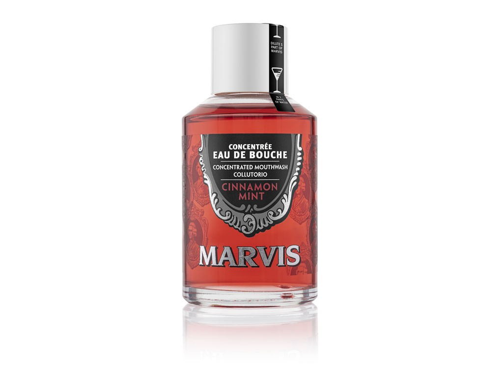 Marvis. Cinnamon Mint. Collutorio aromatico e dolcemente rinfrescante. Formato da 75 ml. Prezzo consigliato: euro 4,33.