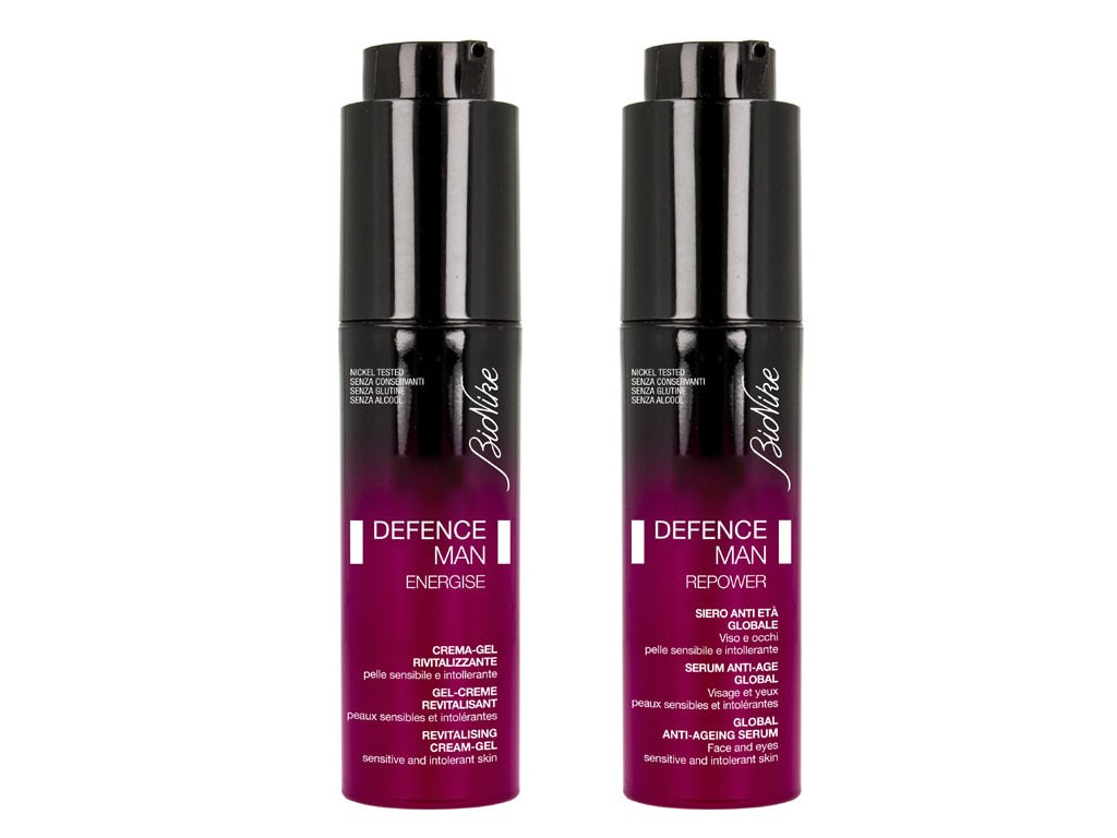 BioNike. Linea Defence Man. Crema-gel rivitalizzante Energise. Flacone da 50ml. Prezzo consigliato: euro 25,00. Siero anti-età globale viso e occhi Repower. Flacone da 50ml. Prezzo consigliato: euro 37,00.