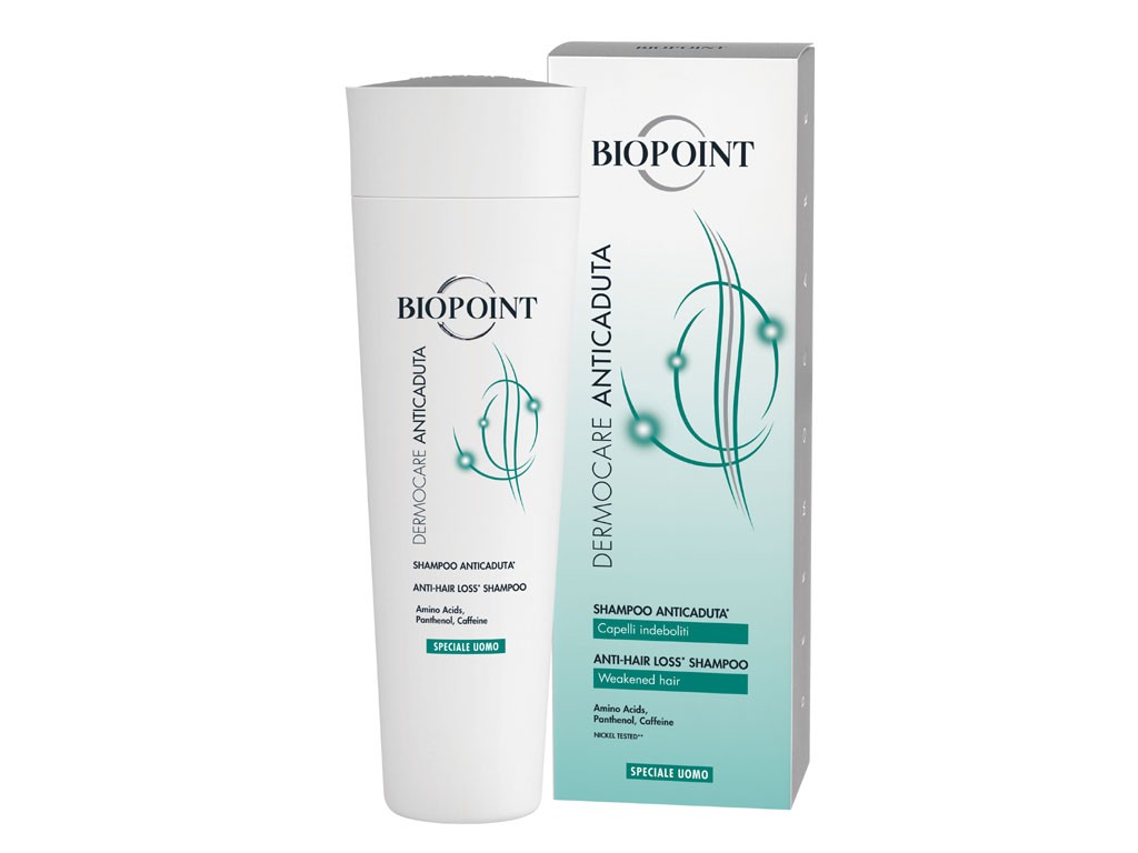 BioPoint. Speciale Uomo. Dermocare Anticaduta Shampoo (nella foto). Deterge la cute e fortifica i capelli preparando al trattamento in fiale. Confezione da 200 ml. Prezzo: euro 9,90. Dermocare Trattamento Anticaduta in Fiale. Trattamento intensivo che rivitalizza il follico, fortifica i sistemi di ancoraggio del capello e volumizza il fusto. 20 fiale da 6 ml. Prezzo: euro 29,90.