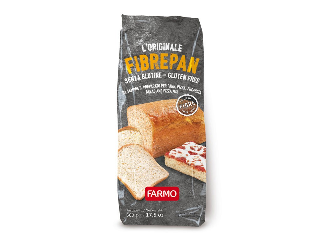 Farmo. Fibrepan. Mix classico di farine per pane, pizza e focacce senza glutine. La miscela si compone del 7% di fibre vegetali – fibre di semi di Psyllium, fibre di cicoria e gomma di guar – elementi che assorbono facilmente l’acqua migliorando la funzionalità intestinale e facilitando la digestione. Sacchetto da 500 gr, senza glutine. Prezzo: euro 3.90.