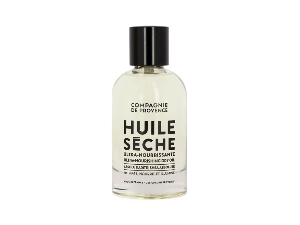 Compagnie De Provence. Realizzato nel cuore della Provenza, questo Olio Secco con un tocco di velluto unisce il meglio degli oli vegetali per prendersi cura di corpo, viso e capelli. Una preziosa miscela di assoluto di karitè ultra nutriente, olio di semi d'uva ammorbidente, olio di mandorle dolci e olio di girasole vergine biologico con proprietà idratanti, questo delicato olio è un vero trattamento multiuso. La sua consistenza sensuale penetra rapidamente senza effetto grasso.