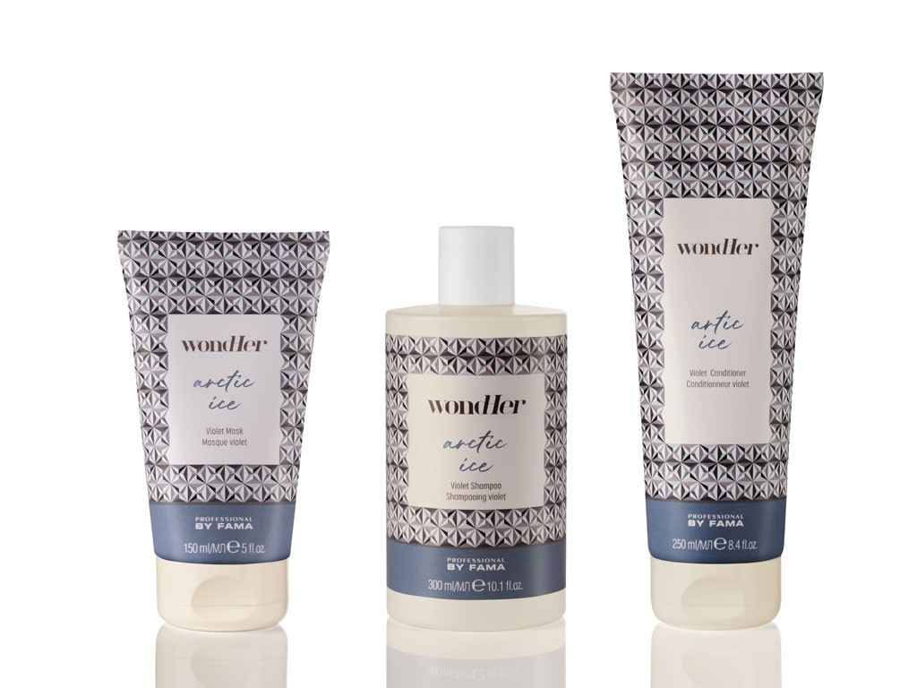Arctic Ice di Professional By Fama. Il trattamento specifico per capelli biondo platino, bianchi e grigi. La formula contiene estratto di Tè Bianco e pigmenti viola, nutre e ammorbidisce. Comprende: Violet Mask (confezione da 150ml, prezzo: euro 18,00), Violet Shampoo (confezione da 300ml. prezzo: euro 17,00) e Violet Conditioner (confezione da 250ml, prezzo: euro 19,00).