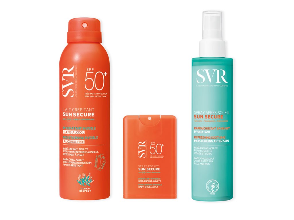 SVR Laboratoires. Linea Sun Secure. Lait Crepitant Sun Secure. Latte idratante con innovativa texture scoppiettante invisibile senza alcool SPF50+. Confezione da 200ml. Prezzo: euro 23,50. Spray Pocket Sun Secure. Spray pocket idratante invisibile SPF50+ ideale per neonati, bambini e adulti. Confezione da 20ml. Prezzo: euro 13,50. Spray Après-Soleil Sun Secure. Spray doposole rinfrescante, idratante e lenitivo. Confezione da 200ml. Prezzo: euro 20,00.