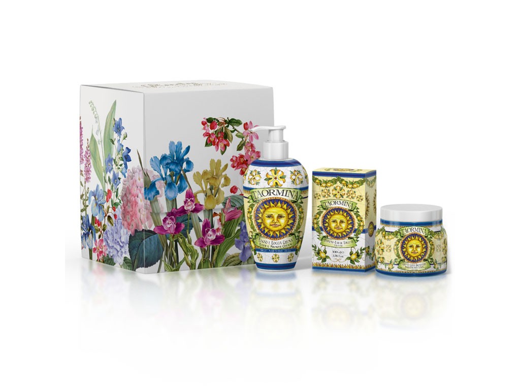 Rudy Profumi. Linea Taormina. Il Kit Fragrance Maioliche, contiene: bagno & doccia crema da 700ml., Eau de Toilette da 100ml. e Crema Corpo da 450ml.