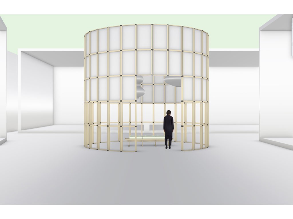 Salone del Mobile.Milano 2023. Sempre di Formafantasma un rendering del progetto delle “Costellazioni”, spazi leggeri, modulari, riutilizzabili e riciclabili a fine vita, realizzati in legno e carta. Ospiteranno disegni, fotografie, dipinti, installazioni video o singole opere, oggetti.
