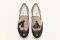 Michele Lopriore. Collezione Spring/Summer 2017. Mocassino con nappina. Suola in gomma. Altezza tacco: due centimetri. Tonalità disponibili: asport navy/pipita bleu, pipita moro/canvas ecru, pipita navy/canvas moro.