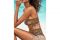 Calzedonia. Bikini bottom a vita alta con motivo di piume e incrocio laterale e sgambatura alta con top a fascia con piume, leggera imbottitura rimovibile sulle coppe, pratica chiusura incrociata con fiocco sul lato e spalline rimovibili intorno al collo.