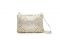 Caterina Lucchi. Pochette della linea “Laser geometrico”: il motivo circolare si espande su tutti i modelli come su quello speciale in vitello laminato in stampa razza che gli dona un particolare tocco luminoso.