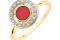 Edenly. Al centro dell’anello “Beatitudine” in oro giallo 18 k troneggia una corniola tonda circondata da un pavé di diamanti bianchi.