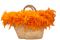 Pescepazzo. Coffa siciliana intrecciata a mano con foglie di palma nana dell’isola. La borsa è rivestita internamente in cotone arancio e decorata da piume di gallo dello stesso colore.