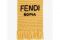 Fendi. Sciarpa rettangolare realizzata in lana gialla lavorata interamente a mano. Rifinita con frange e lettering Fendi Roma in maglia nera cucito all’estremità. Colori: gialla con scritta nera e nera con scritta gialla. Composizione: 80% lana e 20% poliammide. Misure: cm L30xH180. Prezzo: euro 850,00.