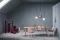 Zanotta. Libreria “Joy”, design Achille Castiglioni; tavolo “Santiago” e sedie “June” con schienale in rovere naturale, sedile in tessuto, gambe in acciaio verniciato bianco design Frank Rettenbacher.